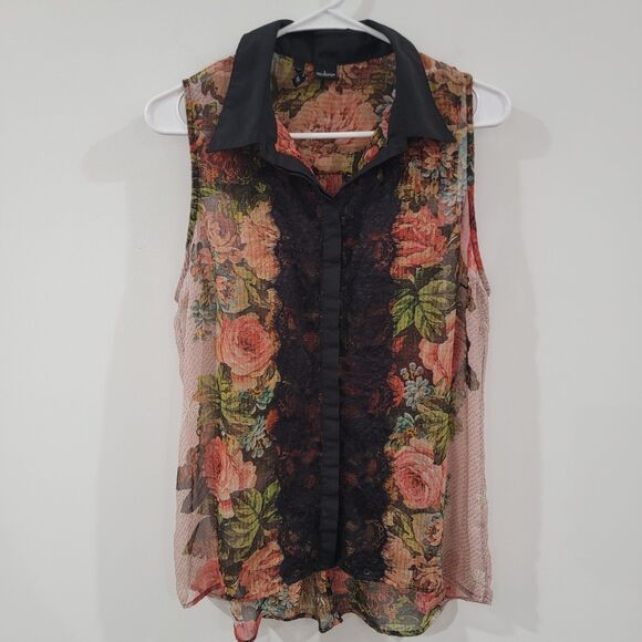 Womens Top Size Large Sheer Floral Black Lace Whimsigoth Fairy Sleeveless Button - Picture 1 of 6